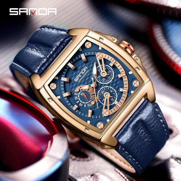 SANDA Tonneau décontracté hommes montres de luxe hommes montres de haute qualité en cuir étanche hommes chronographe montres à Quartz pour homme horl