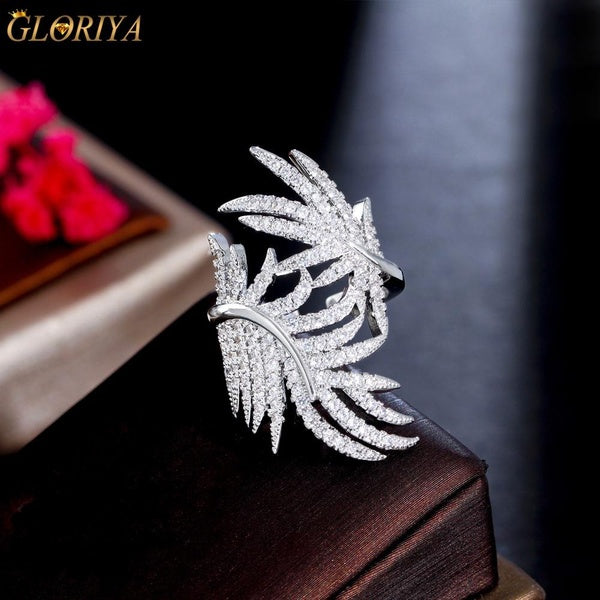 Gloriya Unique Modern Brides Open Cuff Ring Full Inlay AAAAA Cubic Zircon White Gold Plated Seaweed Shape Heavy Party Adjustable Finger Jewelry
