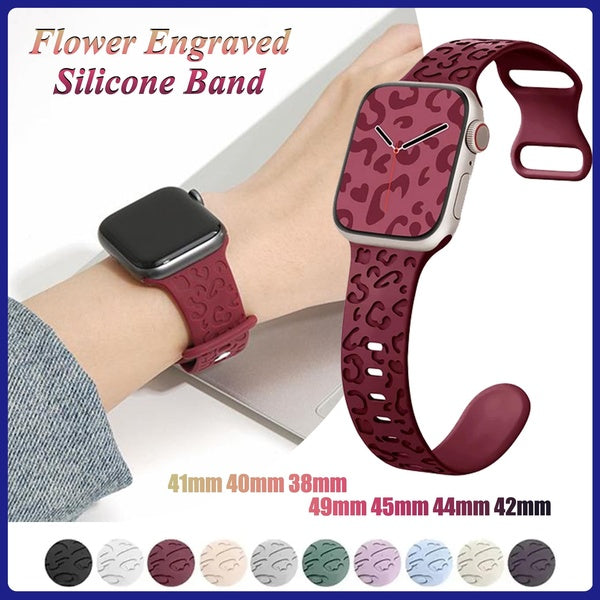 Engraved Strap for Smart Watch Ultra 2-Ultra 49mm 9 8 7 45mm 41mm Leopard Printed Silicone Sport Band for SmartWatch Series Se 6 5 4 3 2 1 44mm 40mm