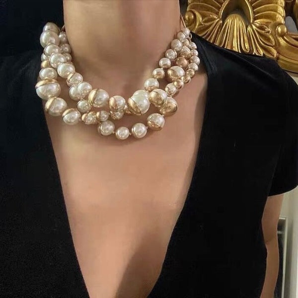 Vintage Elegant Glass Pearl Multilayer Ladies Short Necklace Choker Necklace