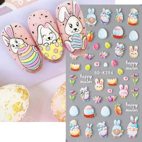 Easter Bunny Nail Stickers Cute Cartoon Rabbit Dragon Animal Heart Flower 5D Slider New Year Valentine Manicure Accessories