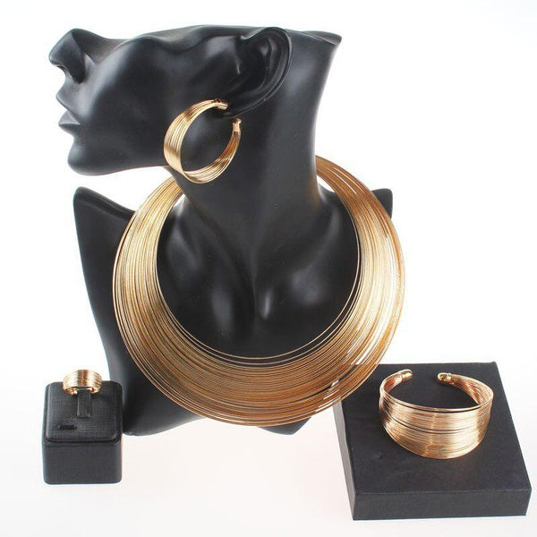 Exquis Dubaï Or Multicouche Punk Déclaration Collier Ras Du Cou Collier Bracelet Boucle D'oreille Anneau Partie Bijoux Ensembles