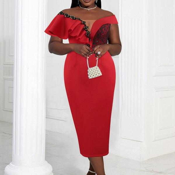 Aomei Women Red Lace Patchwork Party Dress Bodycon Pleated Ruffle Robes Quinceanera Chic Birthday Wedding Event Gowns Big Size