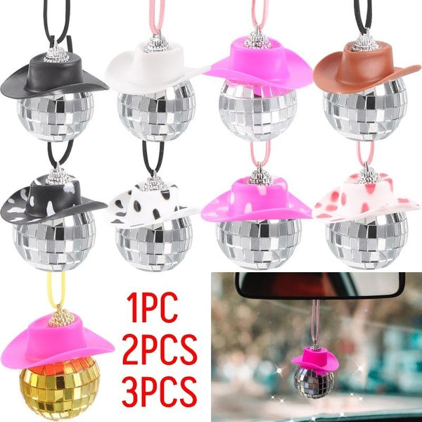 1PC-2PCS-3PCS Disco Ball Car Accessories Bling Disco Ball Car Mirror Ornament Cute Cowboy Hat Disco Ball Car Charms for Rear View Mirror Automotive I