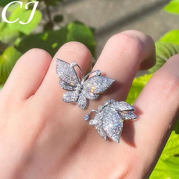 CANDICE Vivid Silver Plated Full Micro Paved Shiny White AAA Cubic Zirconia Open Cuff Butterfly Adjustable Ring Charming Women Prom Party Finger Jewe