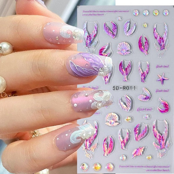5D Nail Stickers Purple Blue Mermaid Tail Adheisve Slider Shell Mermaid Bubble Star Nail Art Decals Manicure Decor Foils PP5D-R