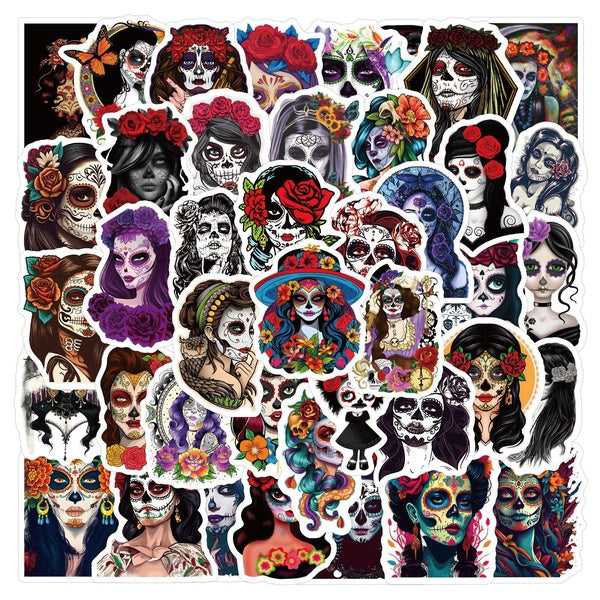 10-60Pcs Day of the Dead Stickers Facial Makeup Face Tattoo Graffiti Stickers for DIY Luggage Laptop Skateboard Motorcycle Bicycle Stickers