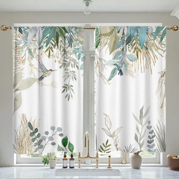2 Panels plant Kitchen Short Curtain - Water-Repellent Rustic plant Theme, Easy to Clean, Country Style Curtains