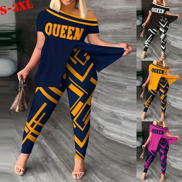 Summer Casual Outfits Two Piece Set Women's Plus Colorblock Letter Print One Shoulder Split Hem Medium Stretch Top & Leggings Outfits 2 Piece Set