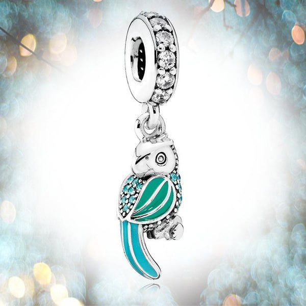 Perroquet tropical en argent sterling 925 avec émail, turquoise et perle de charme CZ transparente pour bracelet européen