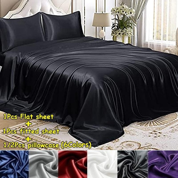 Luxury Summer Silk Flat Sheet Pillowcase Set Soft Breathable Bedding Set Red - Navy Blue - Black - Purple - Grey - White Satin Silk Bed Sheets Set 1