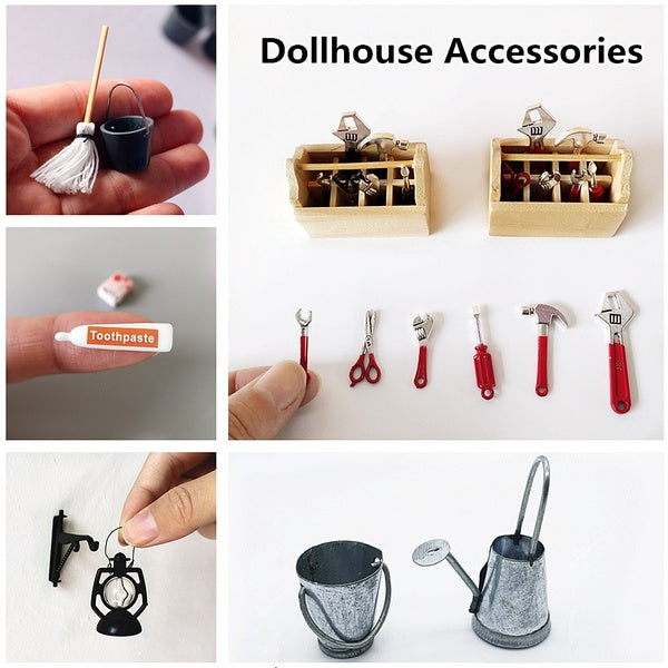 Dollhouse Accessories Mini Hammer Wrench Tools & Toolbox-Kerosene Lamp-Broom-Mop-Watering Can 1:12 Scale Miniatures Collection Kids Toy
