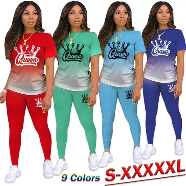 New Gradient Qeen Printed Two Piece Outfits for Women Casual Short Sleeve T Shirt and Legging Summer Athletic Fitness Suit Tracksuits Set S-5XL