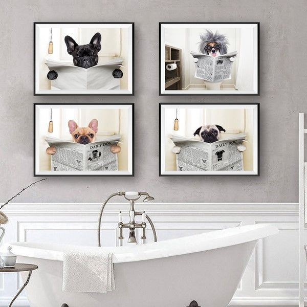 Dog Reading Newspaper Toilet Wall Art Canvas Poster Prints Funny Dog Painting Wall Picture Home Bathroom Decor Dogs Lover Gift