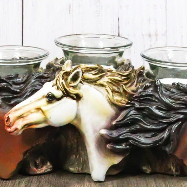 Rustic Western 3 Brown White Horses By Tree Logs Triple Votives Candle Holder