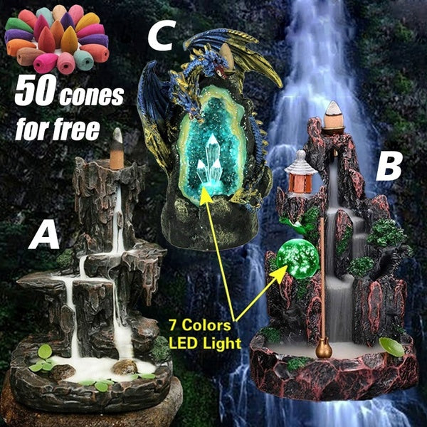 LED Glowing Ball Backflow Incense Burner with 50Pcs Incense Cones High Mountain Waterfall Home Incense Holder Office Decor