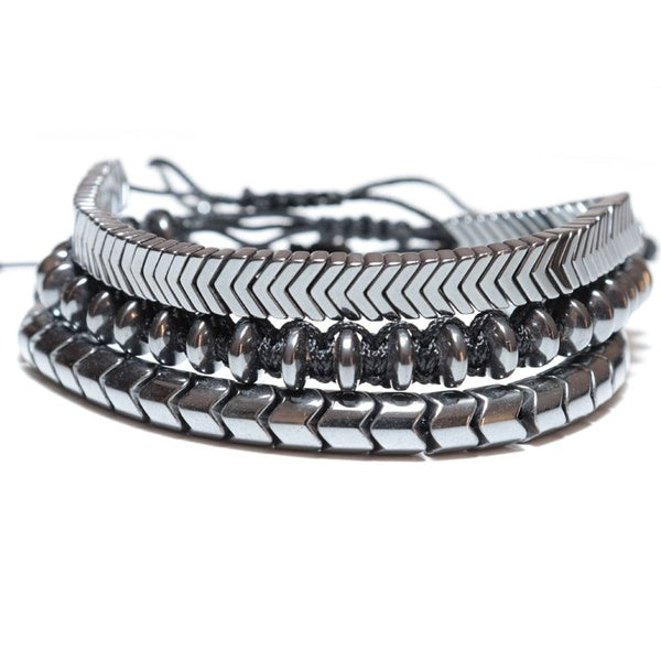3 Pcs-Set Hematite Beads Braided Bracelet Men Personalized Braclets Set For Male Armband Jewelry Homme Accessories Bileklik
