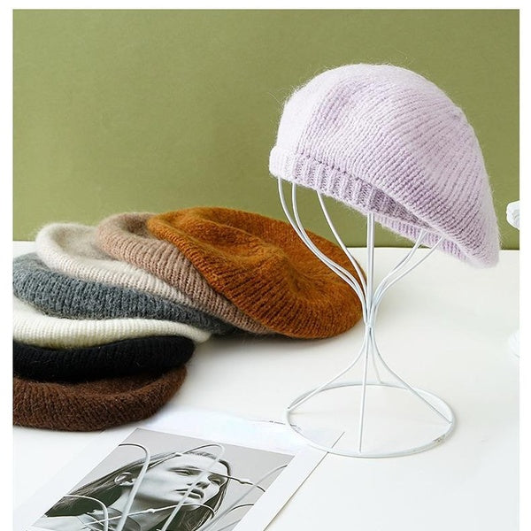 Béret tricoté poilu femmes automne-hiver chapeau en laine mélangée chapeau d'artiste, ensemble de chapeau de béret de Style français
