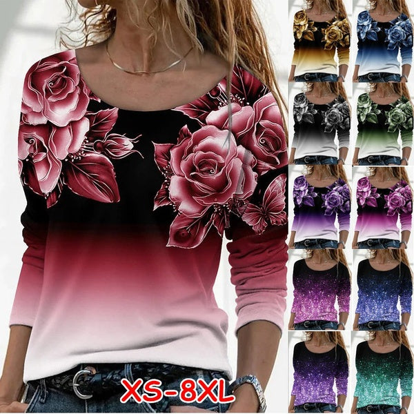 XS-8XL Women's Fashion T-shirt Autumn and Winter Clothes Casual Round Neck Long Sleeve Tops Ladies Gradient Rose Flower Printing Blouses Loose T-shir
