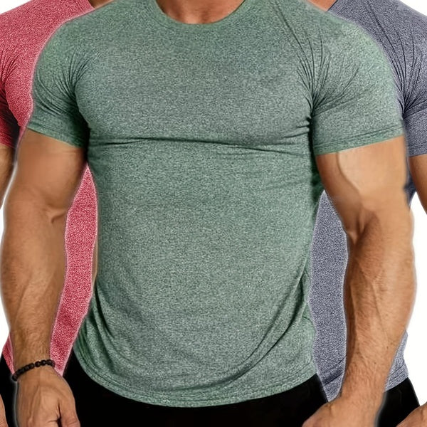 Solid Color Men's Stretch Breathable Quick-drying Short Sleeve Round Neck Fitness T-shirt For Summer, Gift For Men