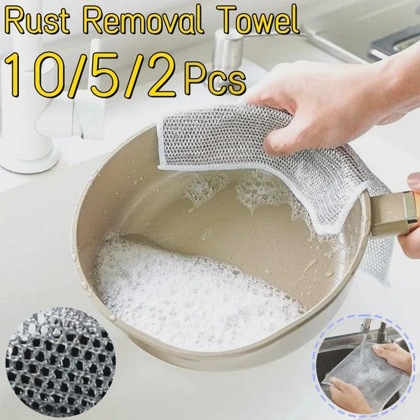 2-5-10Pcs Rust Removal Cleaning Cloth Kitchen Magic Dishwashing Towel Metal Steel Wire Cleaning Rag Microwave Stove Clean Tools Dish Cloth