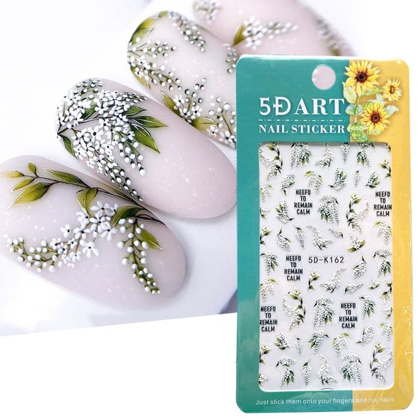 5D White Lily of the Valley Nail Stickers Embossed Wedding Nail Art Decoration Decals Gel Polish Bouquet Decor Sliders SA5D-K162