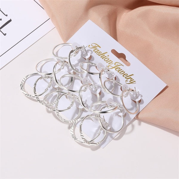 9 Pairs-Set Round Loop Earrings Sets Silver Gold Circle Hoops Huggies Earring For Women Creole Jewelry Pendientes Aros Femme