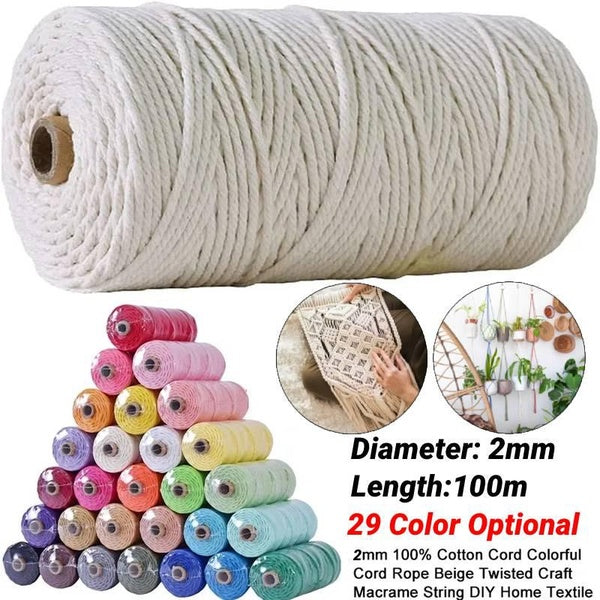 2mm 100m-109 Yard Macrame Cord Cotton Rope Twisted Braided Rope Cord Craft Cord for DIY Crafts Knitting Wall Hanging Plant Hangers Christmas Wedding