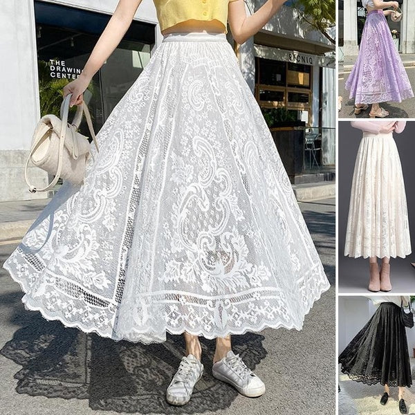 Elegant Lace Midi Skirts For Women Knee Length Tulle Long Skirts High Waist A Line Skirts Summer Beach Boho Maxi Skirts - Black White Beige