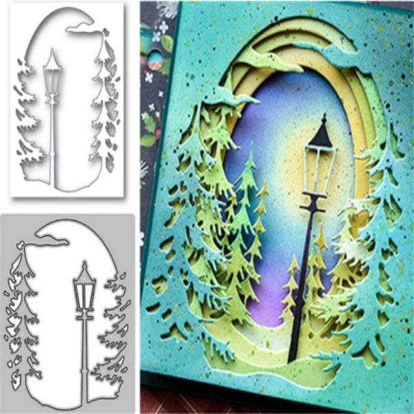 Christmas Tree Streetlight Background Metal Cutting Dies for DIY Scrapbooking Album Embossing Paper Cards Decorative Crafts