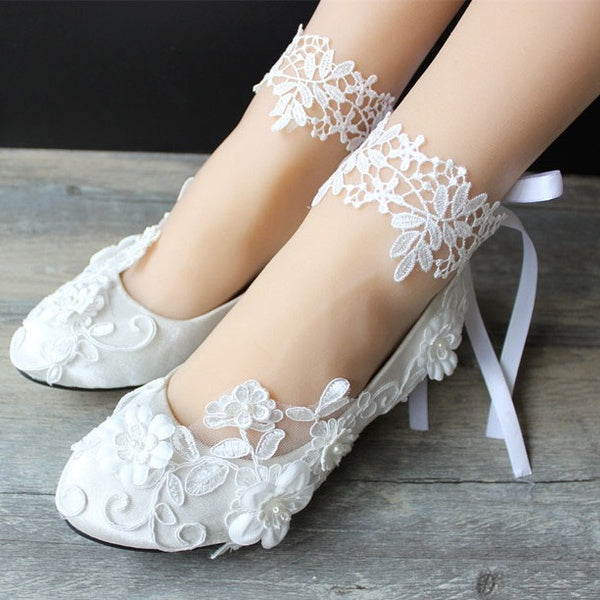 Cheville wrap-around dentelle Ivoire blanc 1 cm chaussures de mariage plates mariée confortable demoiselles d'honneur de mariée chaussures uniques