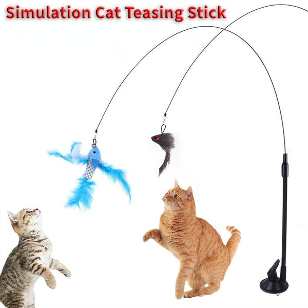 1Pc Simulation Interactive Cat Toys Suction Cup Wire Long Stick Feather With Bell Cat Teasing Stick Cat Supplies