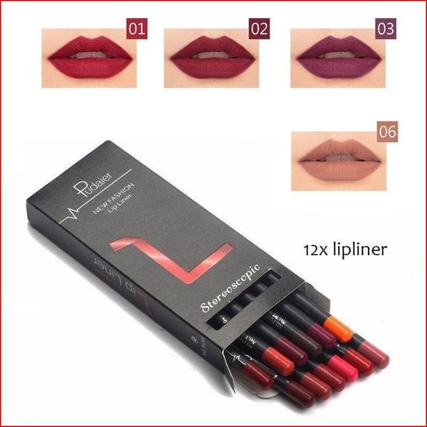 Pudaier 12Pcs Lot Set 12 Colors Lip Liner Pencil Waterproof Non-marking Matt Velvet Lipstick Pen