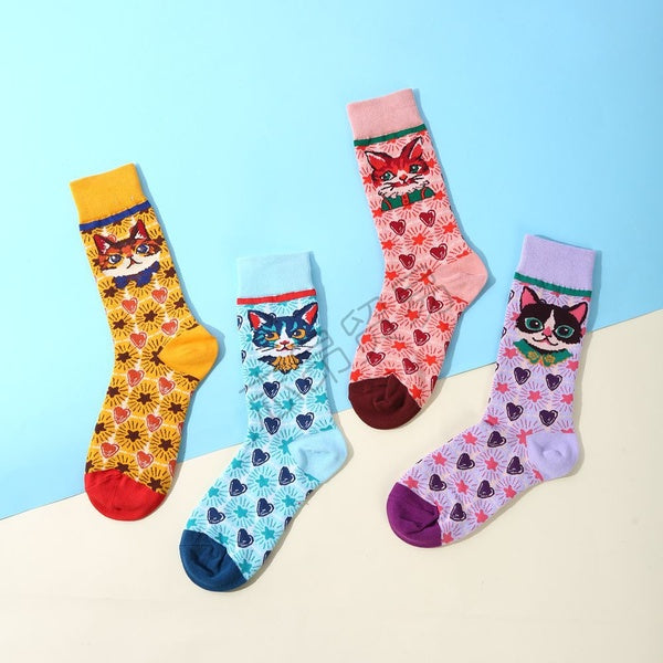 4 Colors New Creative Painted Kitty Ladies Cotton Stockings Tube Socks