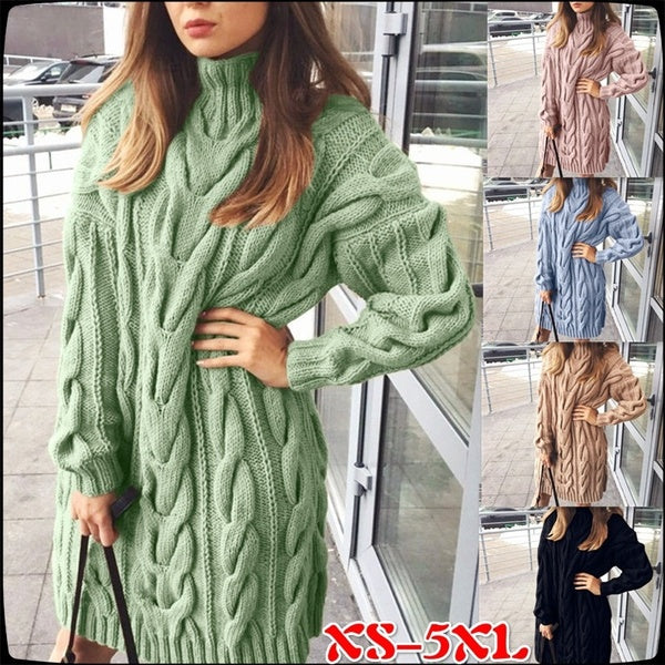 Ladies Fashion High Collar Sweaters Long Sleeve Pure Color Knitted Pullovers Sweaters Dressses Loose Winter Warm Autumn Sweater