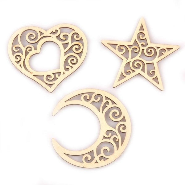 5 pièces lune-étoile-coeur décorations en bois naturel pendentif suspendu bois non fini bricolage artisanat fournitures ornements pour enfants cadeau
