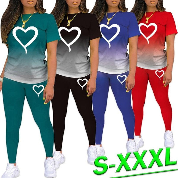 Lady Sports Short Sets Casual Yoga Fitness Legging Athletic Sets Trendy Heart Pattern T Shirt + Trousers Summer Women's Tracksuit Sportwear Two Piece