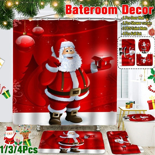 3D Christmas Santa Bathroom Red Shower Curtain Set Waterproof Shower Curtain+ Non Slip Bathroom Pedestal Rug + Toilet Lid Cover + Floor Mat Bath Mat