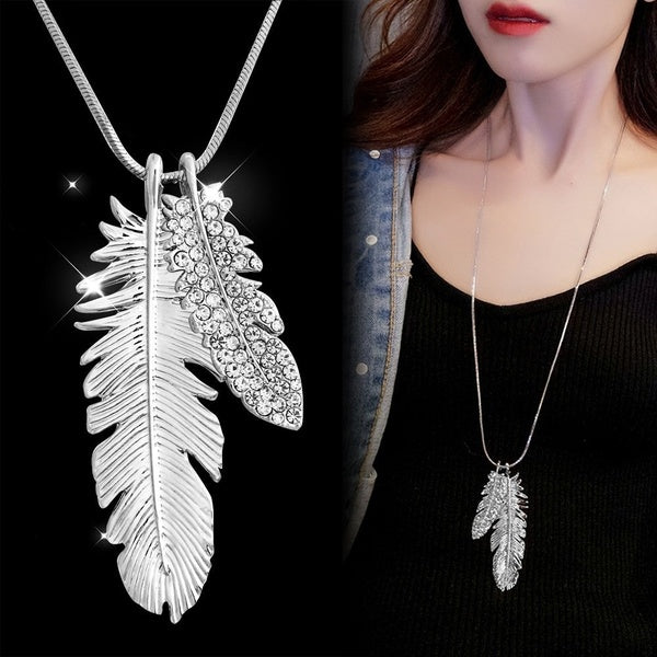 Vintage Long Necklaces for Women Crystal Feather Choker Necklaces Pendanst Fashion Silver Sweater Chain Jewelry Collier