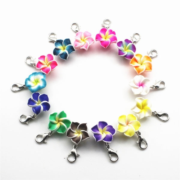 New Polymer clay mix color Plumeria rubra flower charms dangle charms with lobster clasp hanging charm for diy jewelry