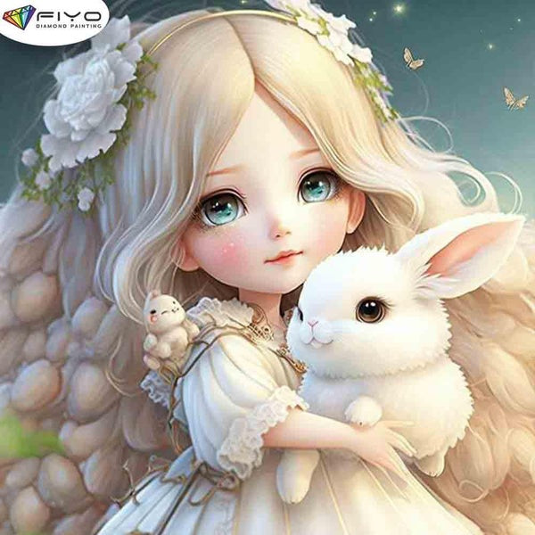 FIYO Girl and White Rabbit Diamond Painting Kits For Adults DIY 5D Diamond Mosaic Diamond Painting Home and Kitchen Fashion Canvas Pictures Wall Deco