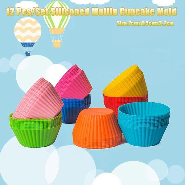 12Pcs-Set Silicone Cake Mold Round Shaped Muffin Cupcake Baking Molds Kitchen Cooking Bakeware Maker DIY Cake Decorating Tools (Random Color)