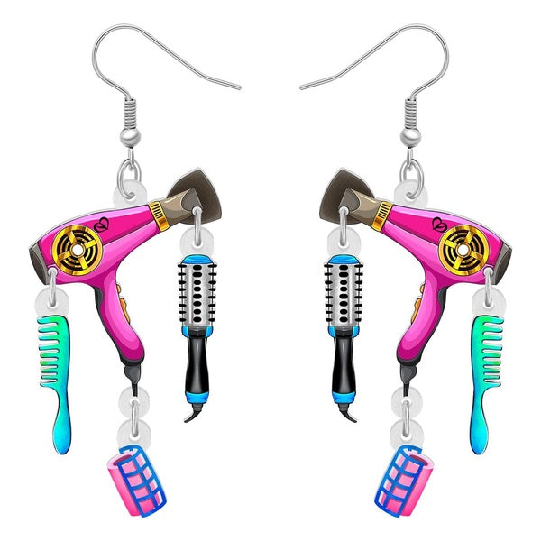 Acrylique Nouveauté Sèche-cheveux Peigne Fer à friser Ensembles Boucles d'oreilles pendantes Bijoux Charme Cadeaux Accessoires Pour Femmes Filles Cad