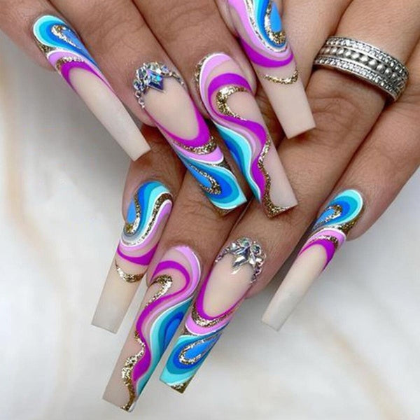 24Pcs Wearable Fake Nails Water Ripple Drill Long Coffin Ballerina False Nails with Rhinestone Press on Nails Love Heart Full Cover Nails Tips for Wo