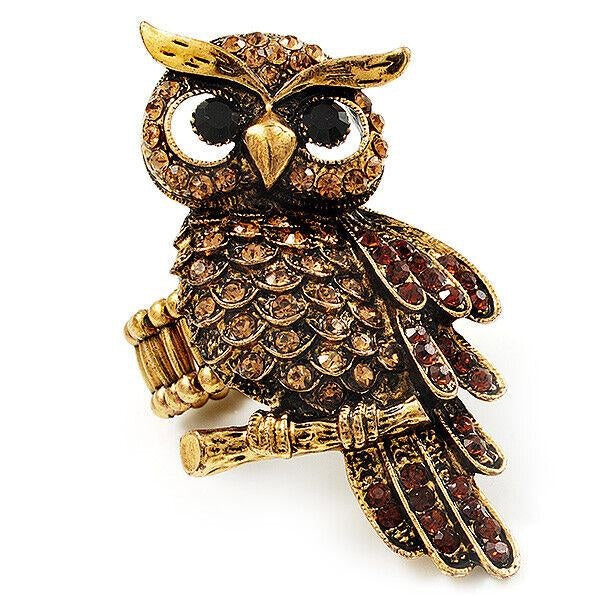 Charmante Bague Extensible Hibou Or Antique Diamante