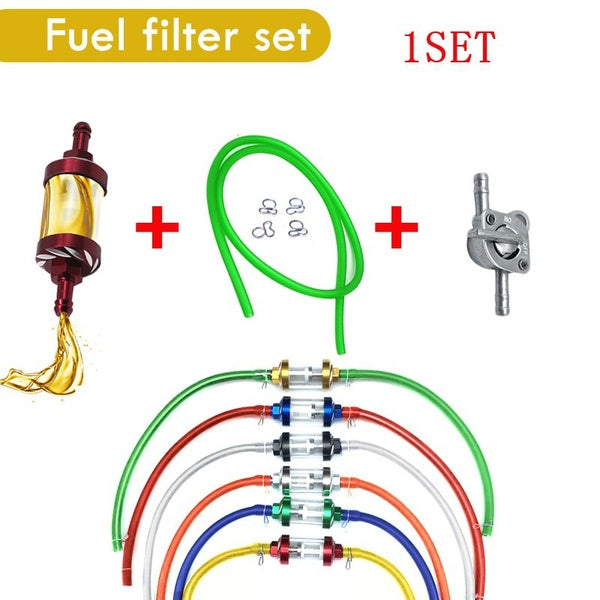 8mm 5-16'' Universal CNC Reusable Aluminum Fuel Filter + 1m-39in fuel hose + 4 Clip + Fuel Tap Switch For Motorcycle Scooters Carburetor Fuel Filters