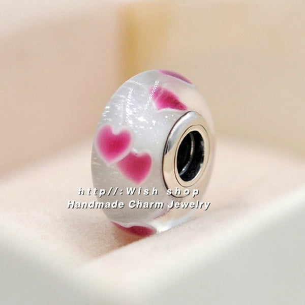 2pcs Double red wild heart Sterling silver core Murano Glass Charms beads Fit European Jewelry Bracelet