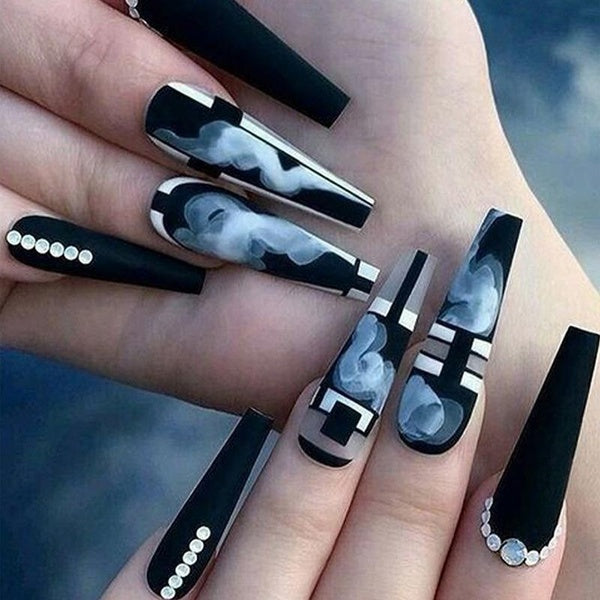 24pcs Long Ballerina Fake Nails with Geometry Smoke Designs Black Cool Nail Art Tips Faux Fingernails False Nails Press on Nails