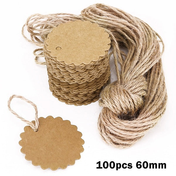 100pcs 60mm Round Kraft Paper Card Gift Tag DIY Tag Luggage Tag Price Label With 10Meters Jute Twine-120