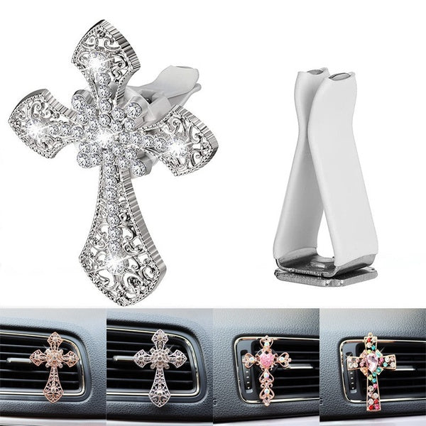 Bling Car Air Vent Clip Crystal Cross Rhinestone Car Air Conditioner Outlet Vent Charm Car Interior Decoration Car Bling Accessories for Women Girls